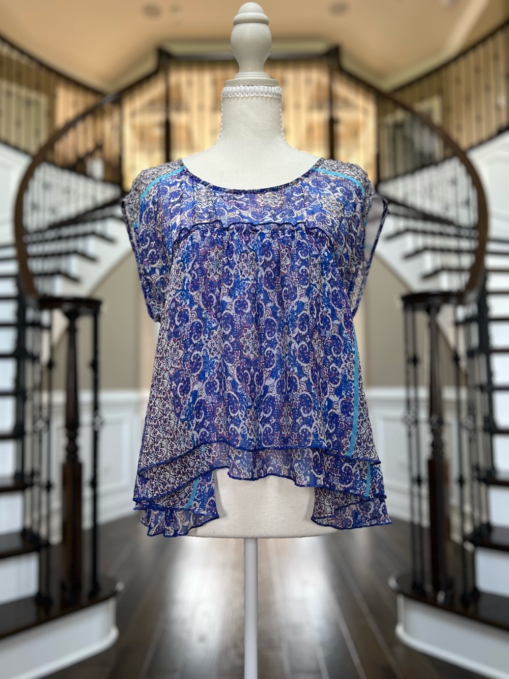 NWOT Vintage Y2K Gypsy 05 Women SILK Blue Paisley Layered Cap-Sleeve Blouse M